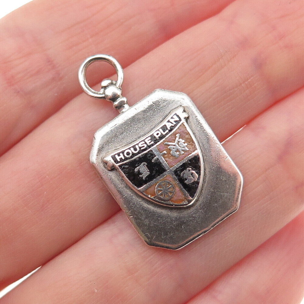925 Sterling Silver Antique Art Deco Enamel House Plan Coat of Arms Fob Pendant